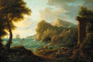 Coplestone Warre Bamfylde - A drover with cattle in a classical coastal landscape