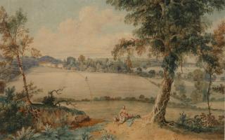 Copley Fielding - A man and his dog resting under a tree