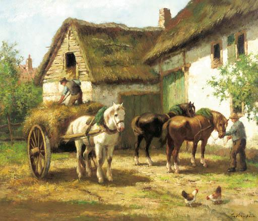 Cor Bouter - Farmers at work in a sunlit courtyard