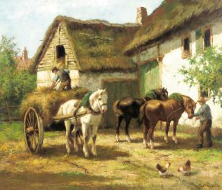 Cor Bouter - Farmers at work in a sunlit courtyard