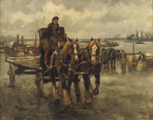 Cor Noltee - A horse carriage in the busy harbour of Rotterdam