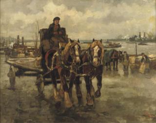 Cor Noltee - A horse carriage in the busy harbour of Rotterdam