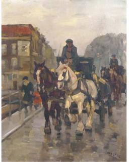 Cor Noltee - Horse drawn wagons crossing a bridge