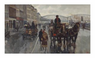 Cor Noltee - Horses and carriages on the Boompjes with the Maasbrug, Rotterdam