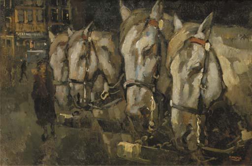 Cor Noltee - Sleperspaarden op de maaskade te Rotterdam at dusk: working horses at rest