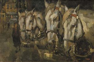 Cor Noltee - Sleperspaarden op de maaskade te Rotterdam at dusk: working horses at rest