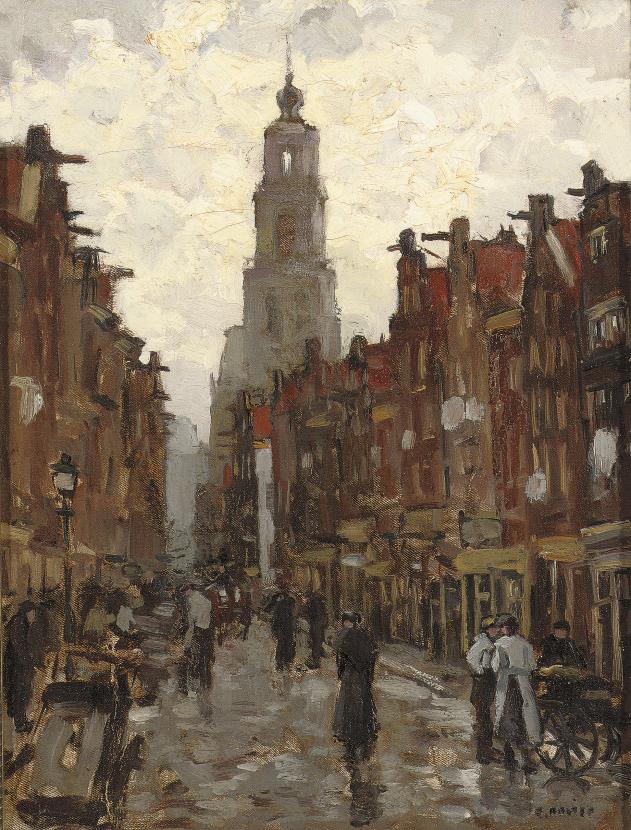 Cor Noltee - Streetscene in Amsterdam, the Westertoren in the distance