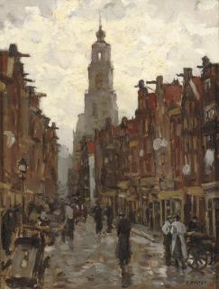 Cor Noltee - Streetscene in Amsterdam, the Westertoren in the distance