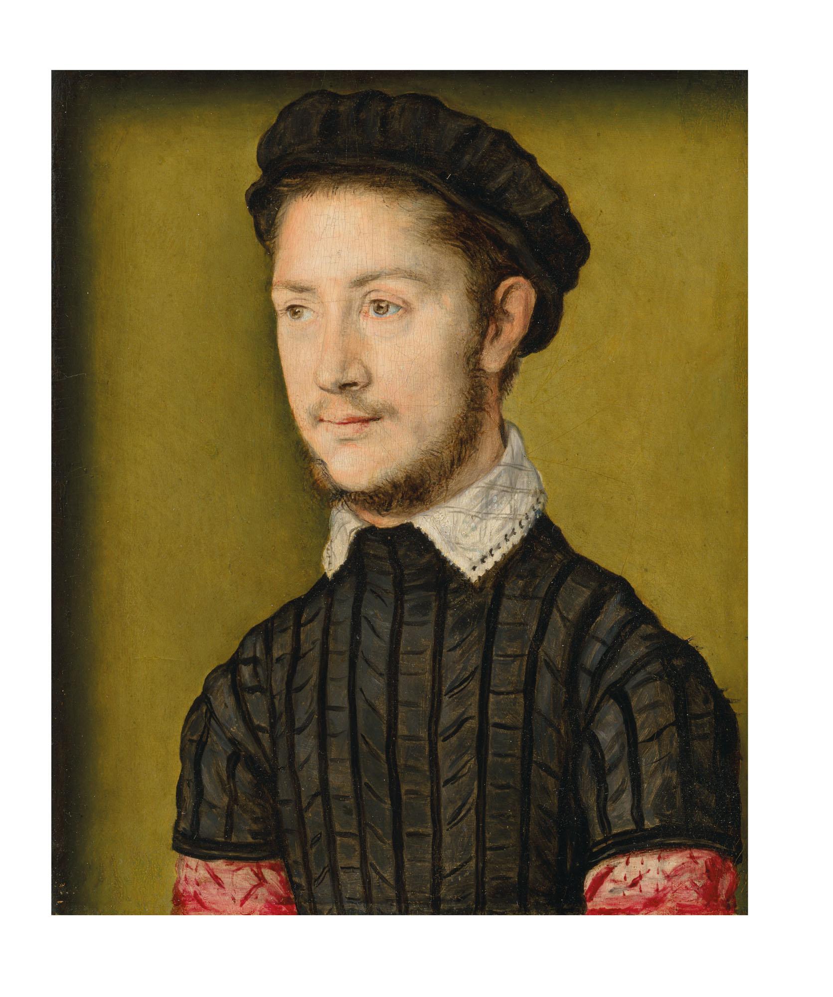 Corneille De La Haye, Called Corneille De Lyon - Portrait of a young man, probably an officer royal, small half-length, wearing a black slashed doublet and black cap