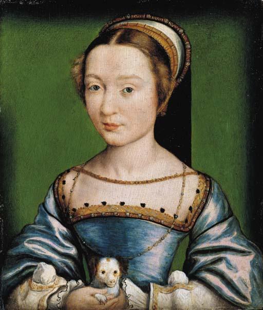 Corneille de La Haye - Portrait of a lady, bust-length, in a blue dress, holding a puppy