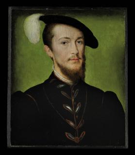 Corneille de la Haye - Portrait of the duc d\'Étampes, bust-length, in a black tunic with a gold chain, white collar and plumbed black hat