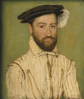 Corneille De Lyon - Portrait Of A Bearded Gentleman, In A Black Beret With White Plumage