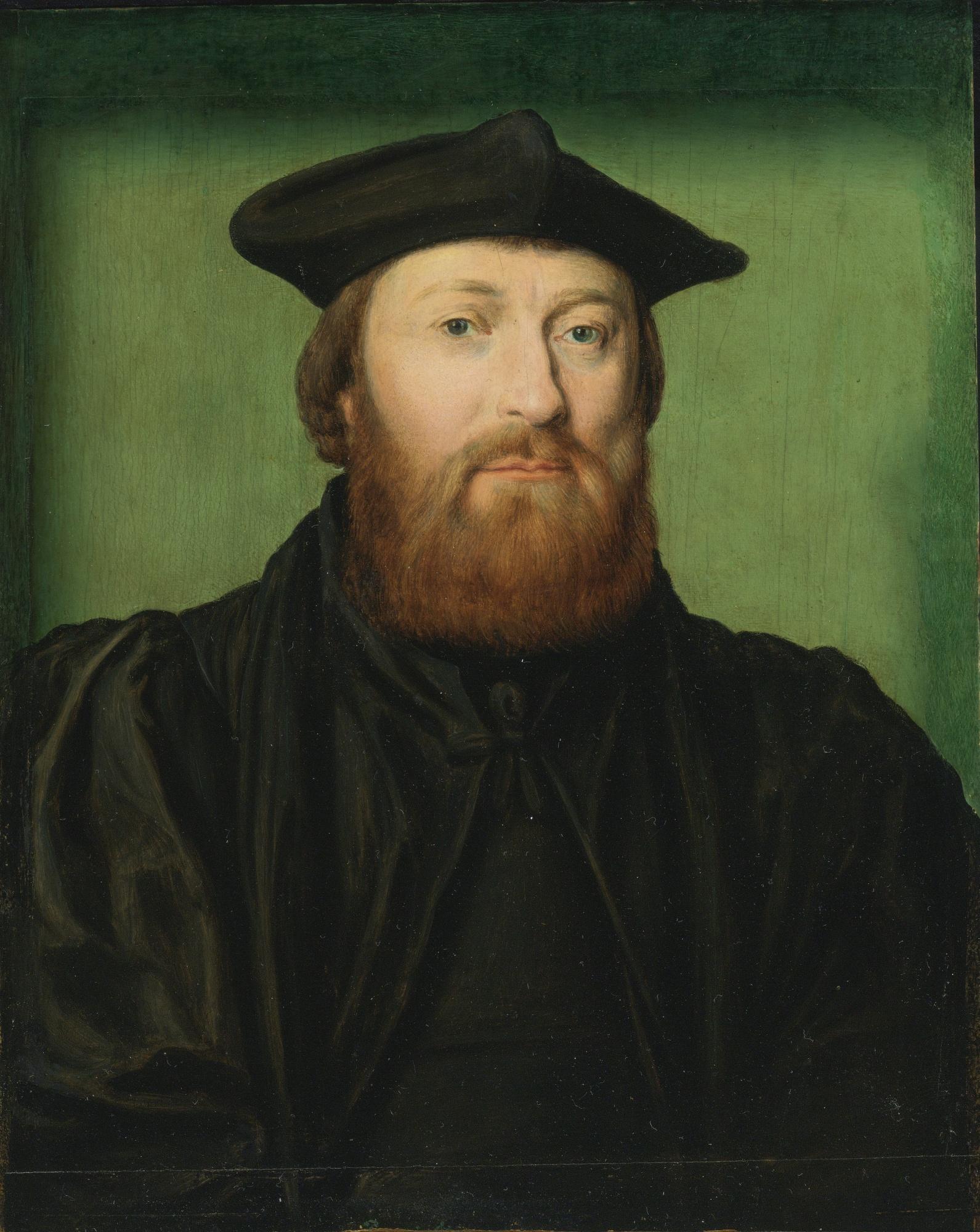 Corneille de Lyon - Portrait Of A Gentleman, Wearing A Black Coat And Cap, With A Green Background