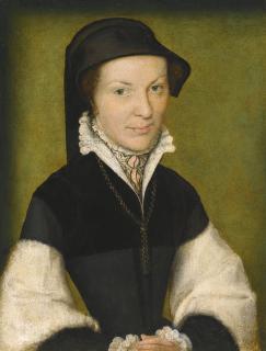Corneille De Lyon - Portrait Of A Lady, Said To Be Marie De Batarny, Half Length, Wearing Black With White Sleeves And A Black Bonnet