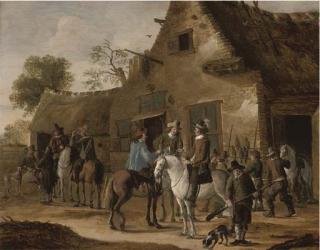 Cornelis Beelt - A hawking party at rest by an inn
