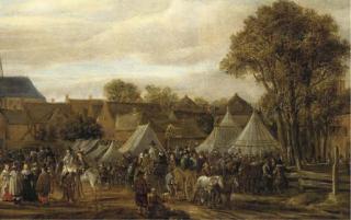 Cornelis Beelt - A horse fair, said to be Valkenburg, with figures in wagons and on horseback by booths outside the town walls