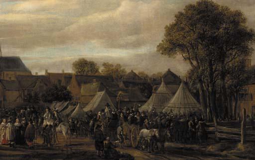 Cornelis Beelt - A horse fair, said to be Valkenburg, with figures in wagons and on horseback by booths outside the town walls