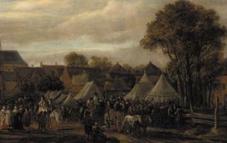 Cornelis Beelt - A horse fair, said to be Valkenburg, with figures in wagons and on horseback by booths outside the town walls