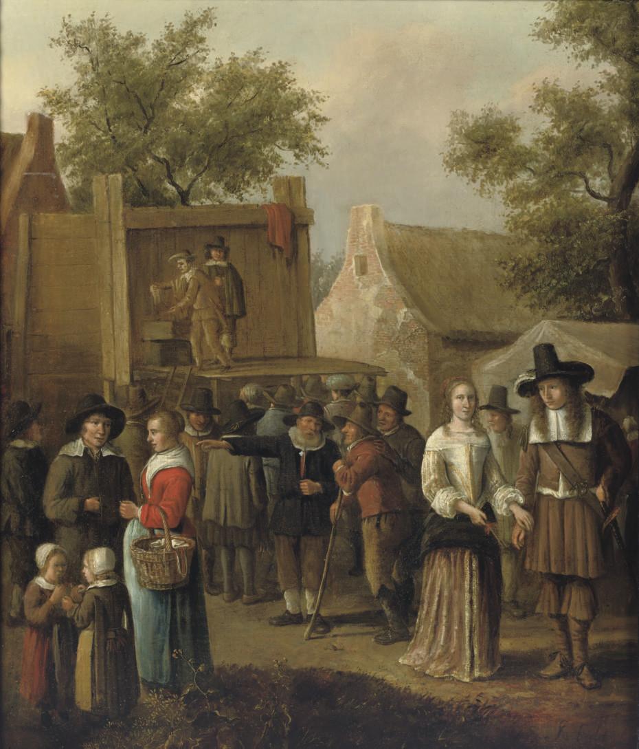 Cornelis Beelt - A street theatre in a village with figures conversing
