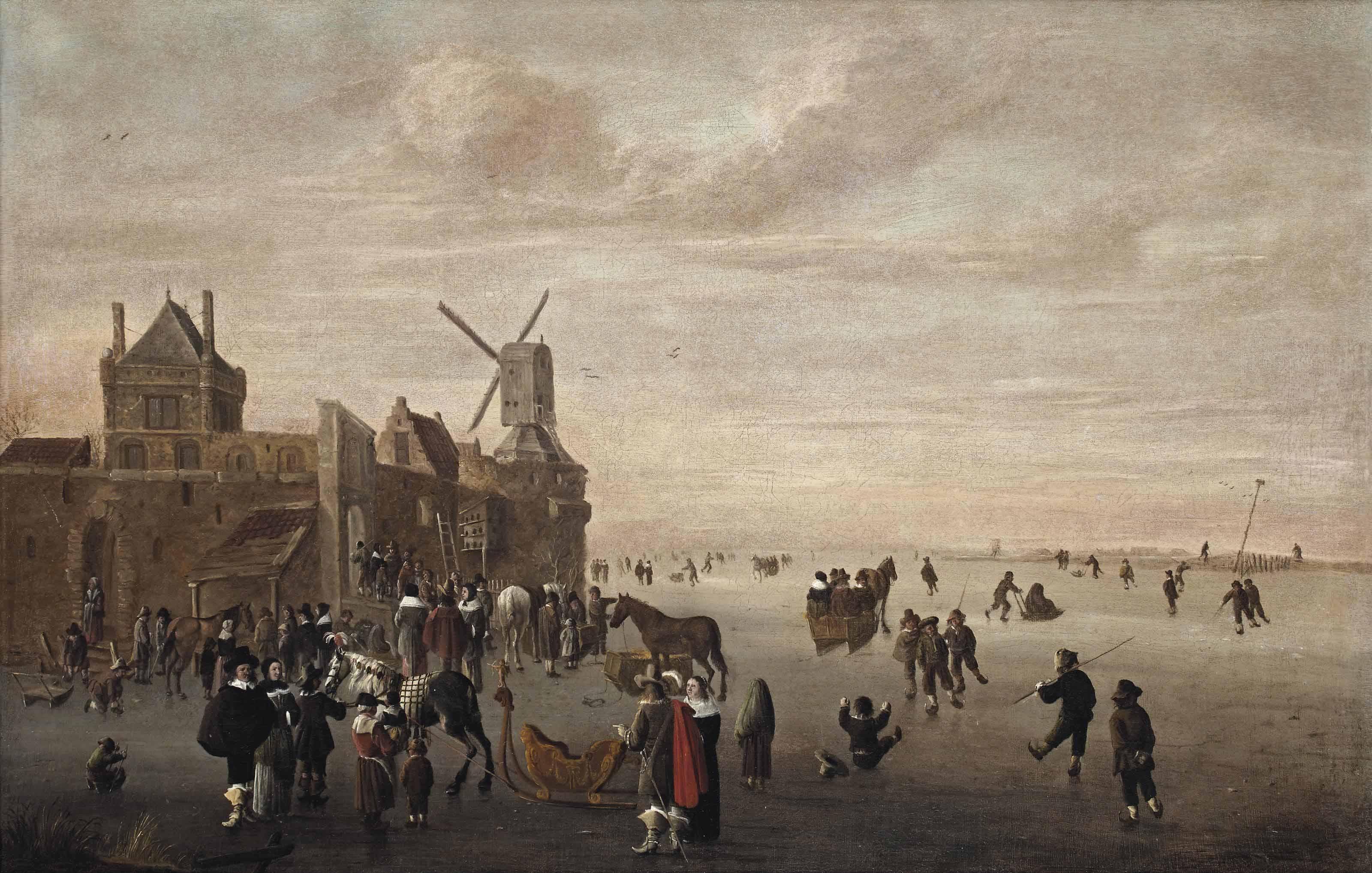 Cornelis Beelt - A Winter Landscape With Figures Skating, Sleigh Riding And Conversing On The Ice Near A Town Wall