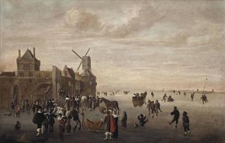 Cornelis Beelt - A Winter Landscape With Figures Skating, Sleigh Riding And Conversing On The Ice Near A Town Wall