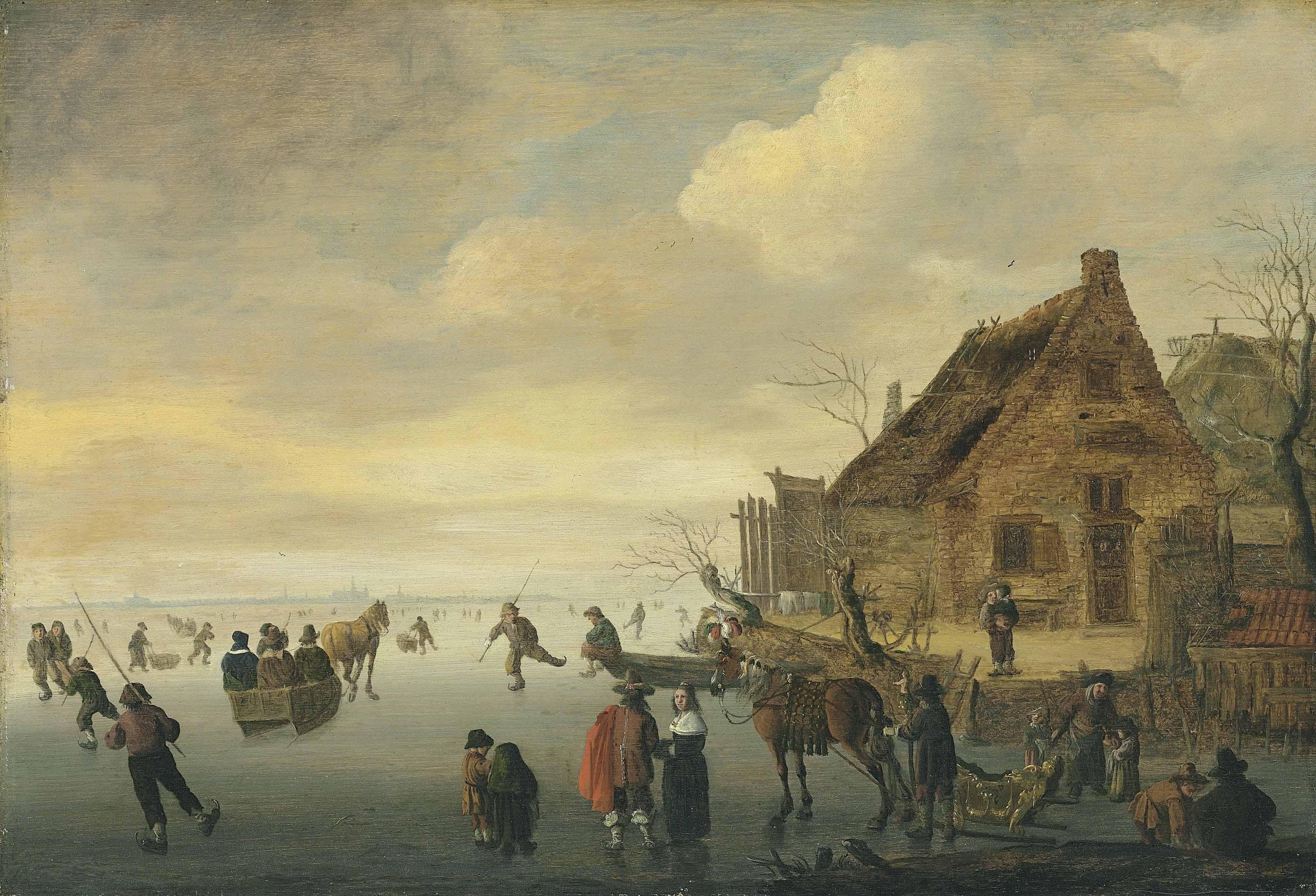 Cornelis Beelt - A Winter Landscape With Horse-Drawn Sledges And Figures Skating On A Frozen Lake By A Rural Village