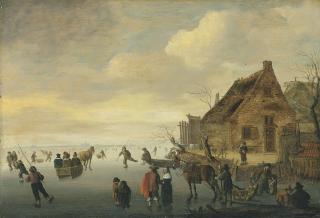 Cornelis Beelt - A Winter Landscape With Horse-Drawn Sledges And Figures Skating On A Frozen Lake By A Rural Village