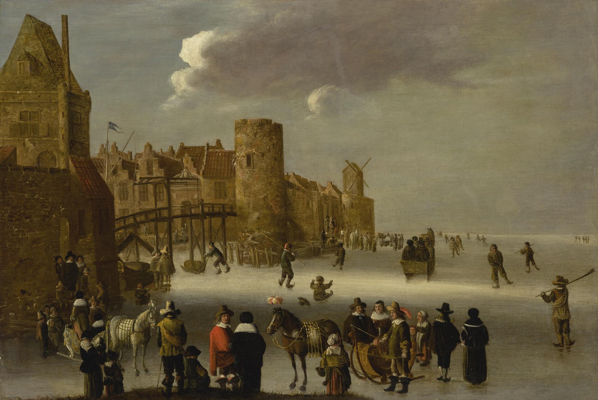 Cornelis Beelt - A Winter Scene With Skaters On A Frozen Canal, A Townscape At Left