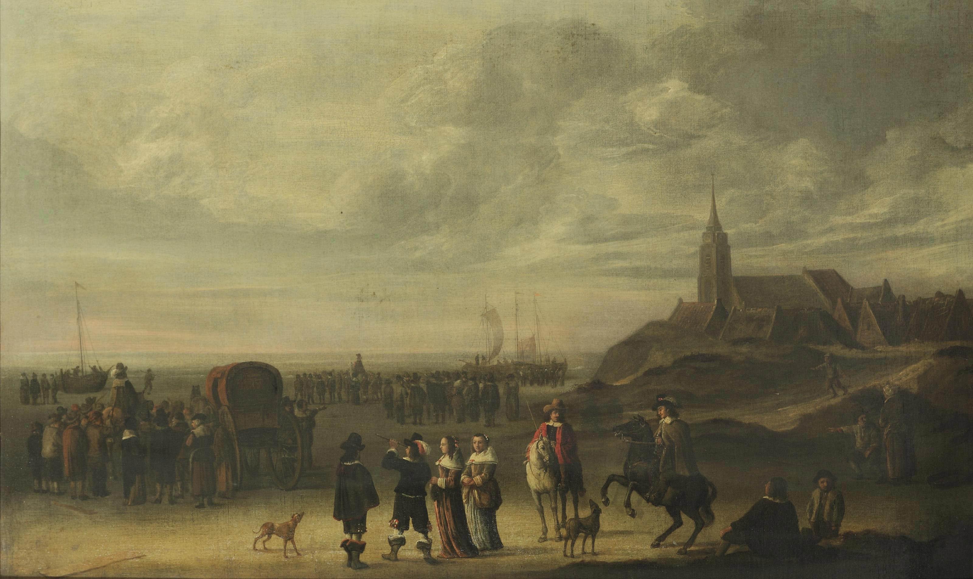 Cornelis Beelt - An elegant company and numerous other figures on the beach at Scheveningen