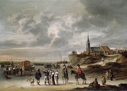 Cornelis Beelt - Elegant Company On The Beach Ar Egmond Aan Zee, A Naval Battle Beyond