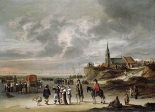 Cornelis Beelt - Elegant Company On The Beach Ar Egmond Aan Zee, A Naval Battle Beyond