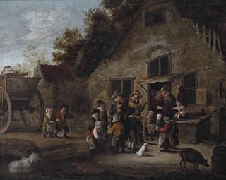 Cornelis Beelt - Peasants outside a farmhouse listening to a group of musicians