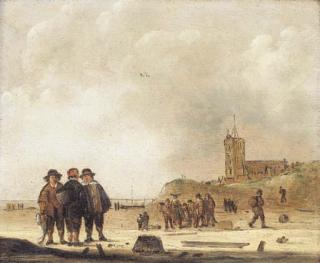 Cornelis Beelt - The beach at Egmond aan Zee, with three fishermen conversing in the foreground, a fishmonger selling his catch beyond