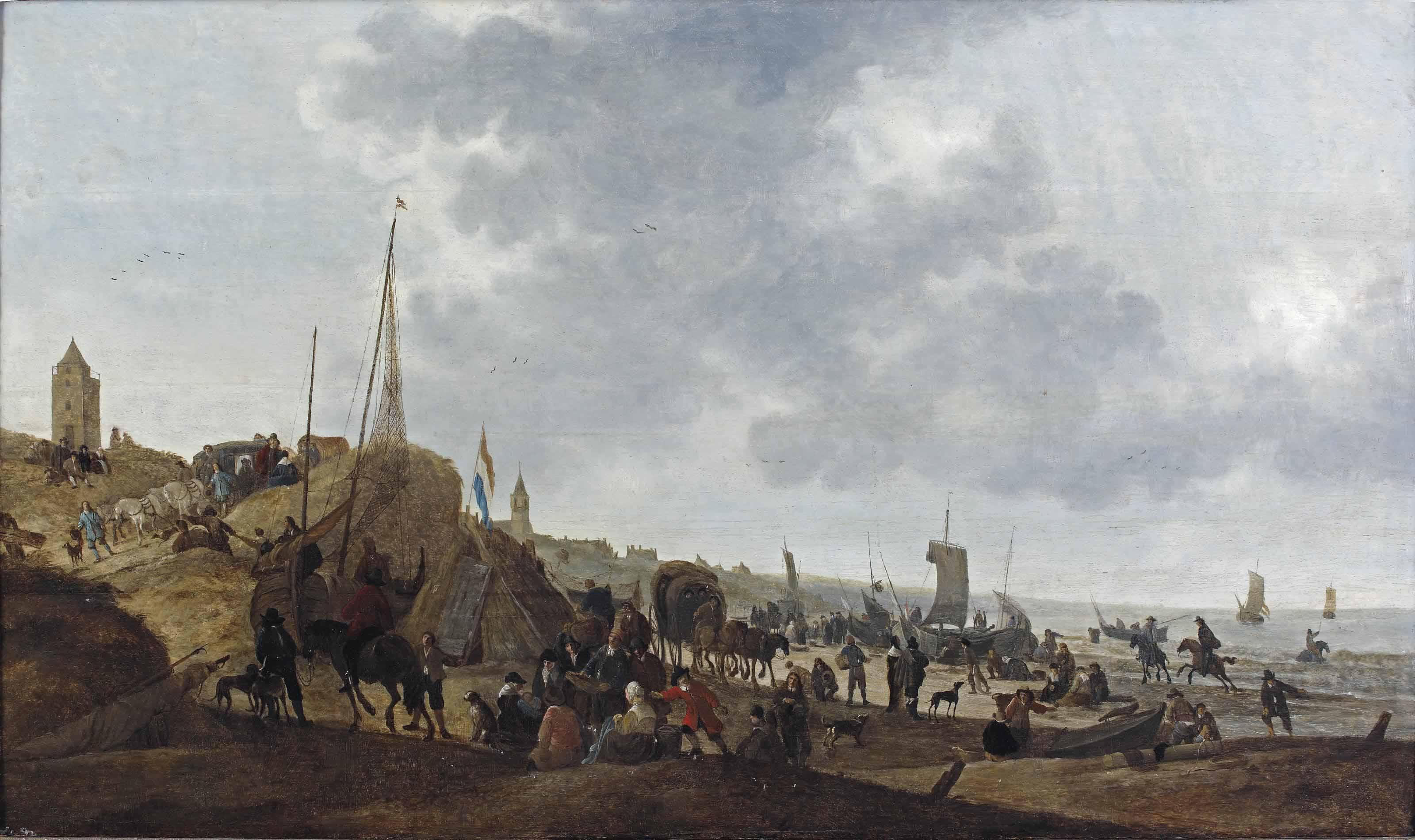 Cornelis Beelt - The Beach of Scheveningen with the carriage of King Charles II arriving amongst numerous figures