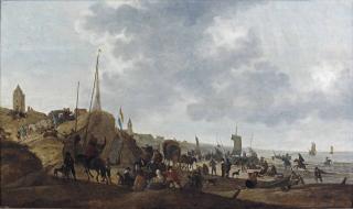 Cornelis Beelt - The Beach of Scheveningen with the carriage of King Charles II arriving amongst numerous figures