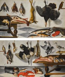 Cornelis Biltius - A Pair Of Trompe L\'Œil Game Larder Still Lifes: With A Hare, Partridge, Snipe, Turkey, Pike, Eel And Fish, With A Parrot; And With Pigeons, A Hare, Calf\'S Head, Asparagus, Lobster And Trout, With A Hawk And A Plover