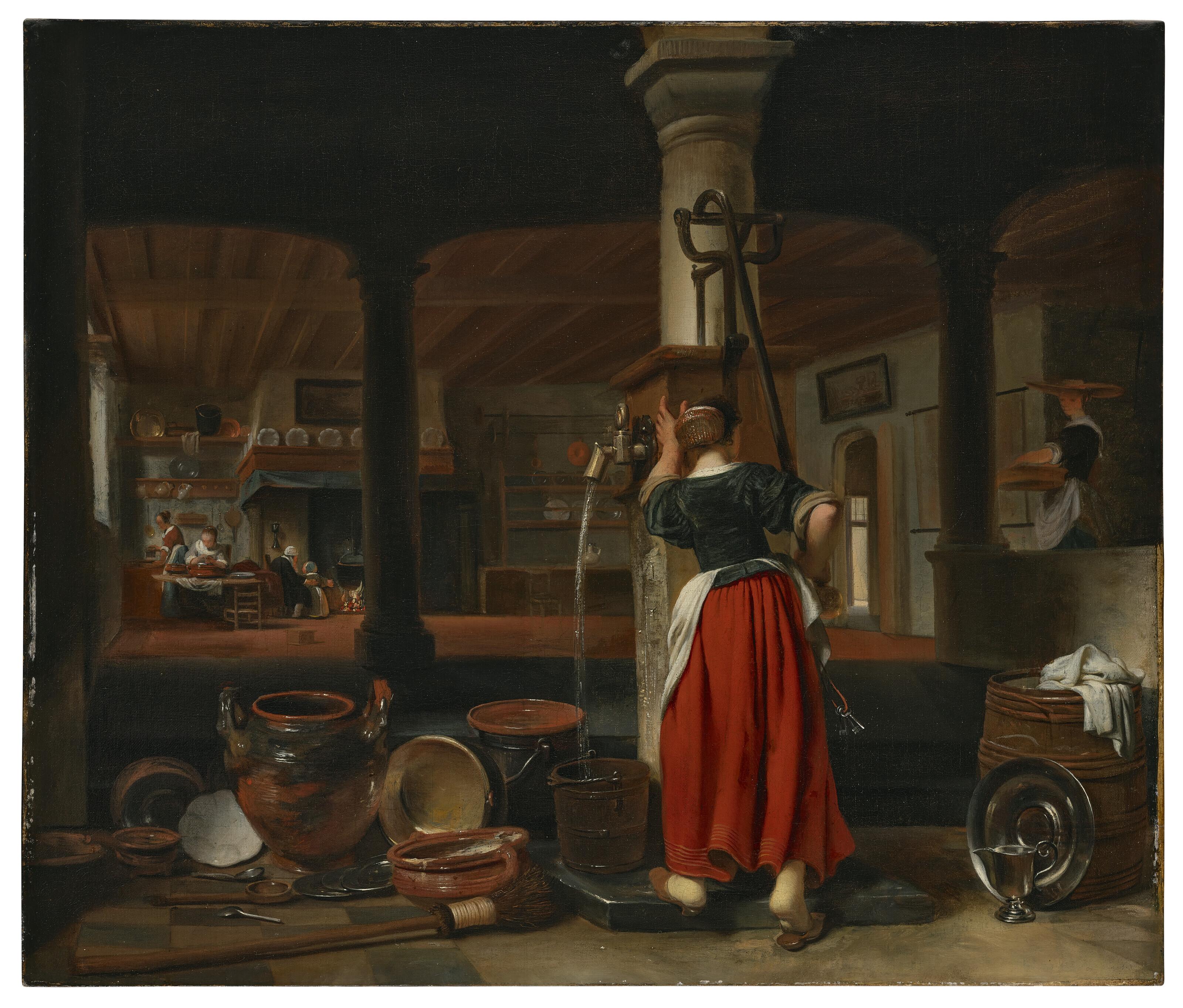 Cornelis Bisschop - A maid pumping water in a kitchen interior