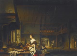 Cornelis Bisschop - Kitchen Interior With A Woman Cooking And A Boy Blowing Flames