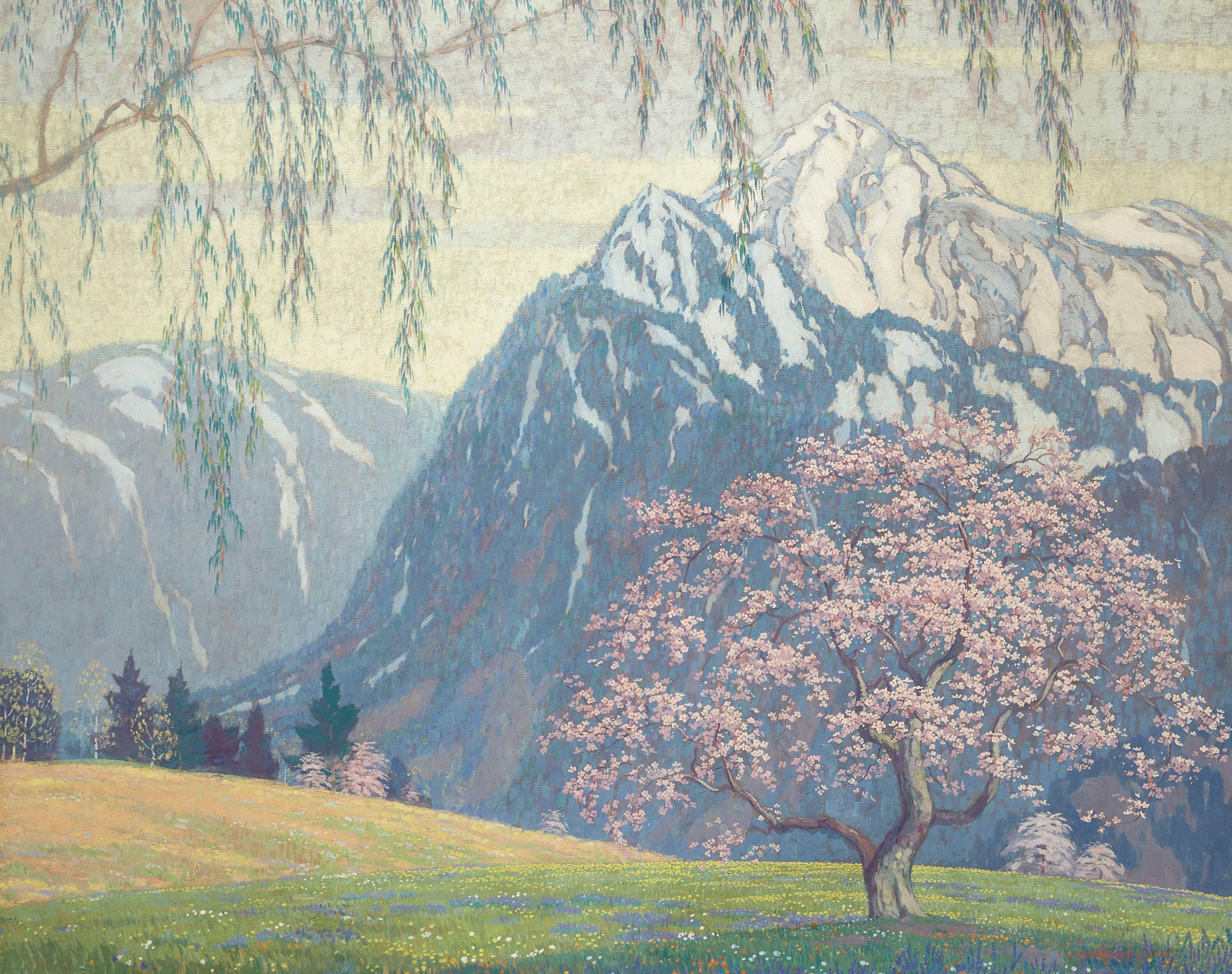 Cornelis Botke - Snow-capped mountain and cherry tree 36 x 45 3/8in