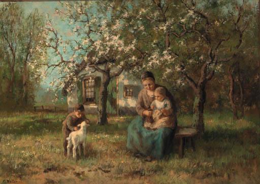 Cornelis Bouter - A family in an orchard in Spring-time