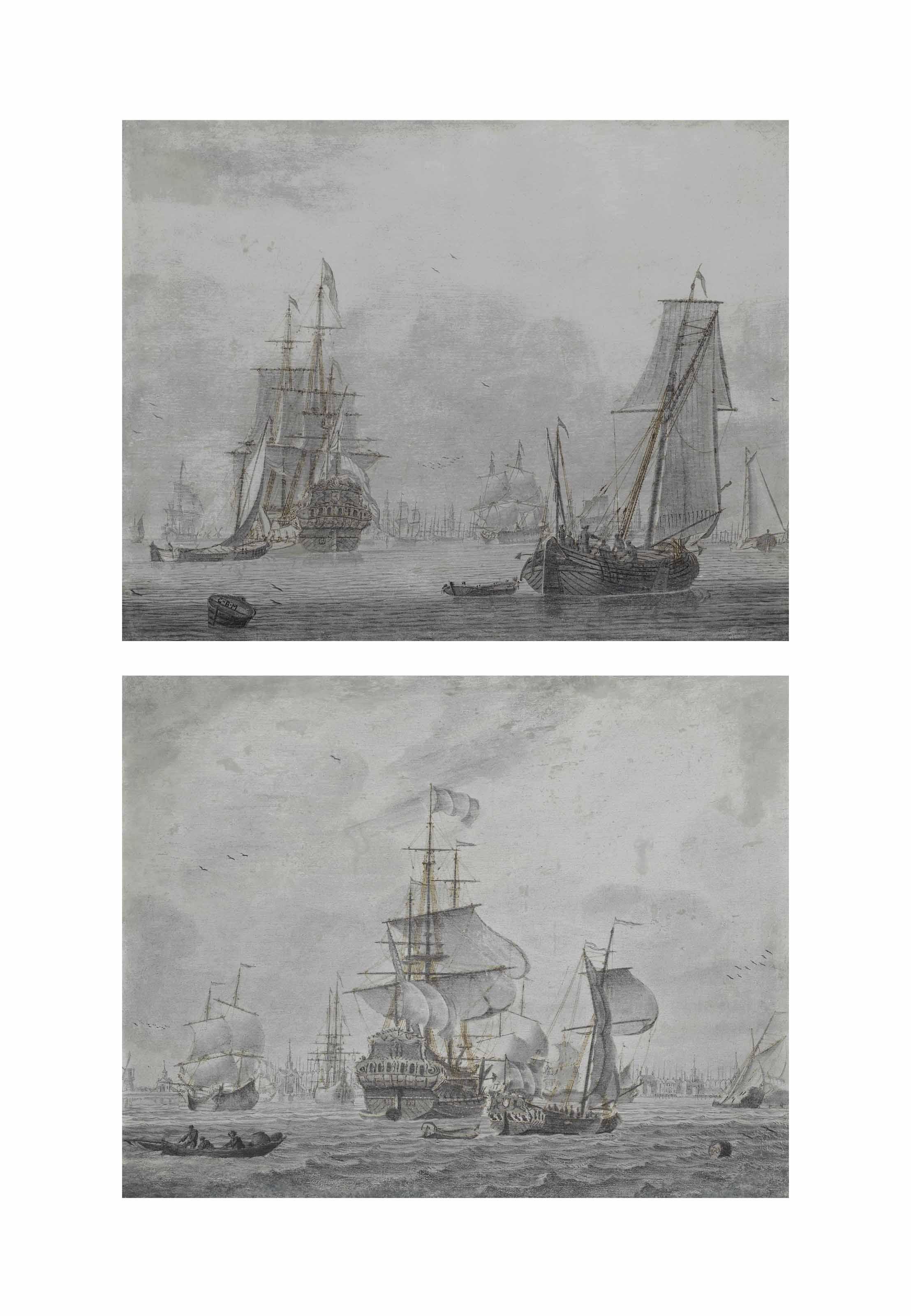 Cornelis Bouwmeester - A Penschilderij With Shipping In A Light Breeze; And A Penschilderij With Shipping In A Strong Breeze