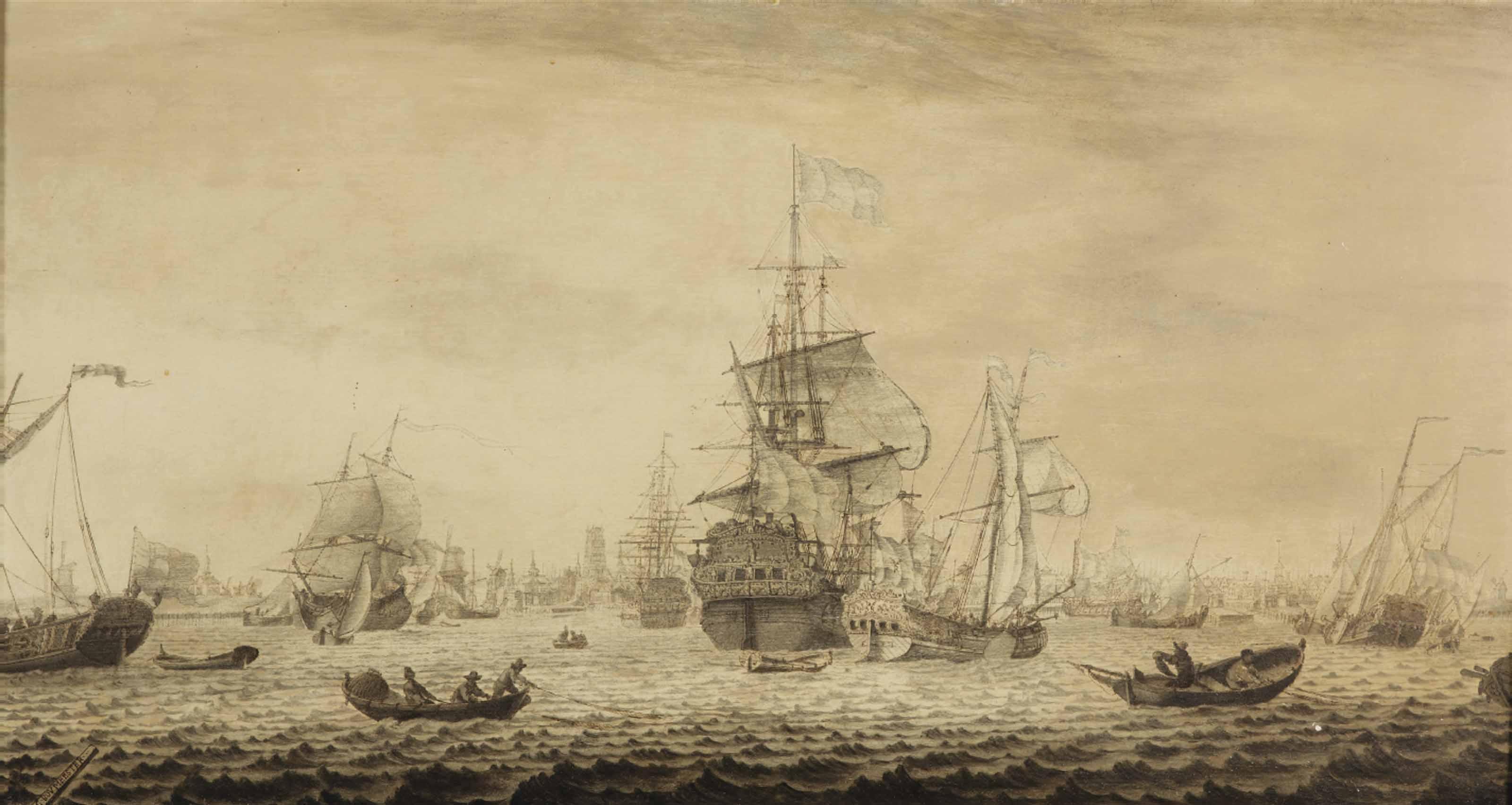 Cornelis Bouwmeester - Dutch And English Ships And An East India Company Yacht In The Roadstead Of Rotterdam - A Penschilderij