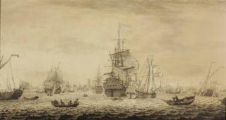 Cornelis Bouwmeester - Dutch And English Ships And An East India Company Yacht In The Roadstead Of Rotterdam - A Penschilderij