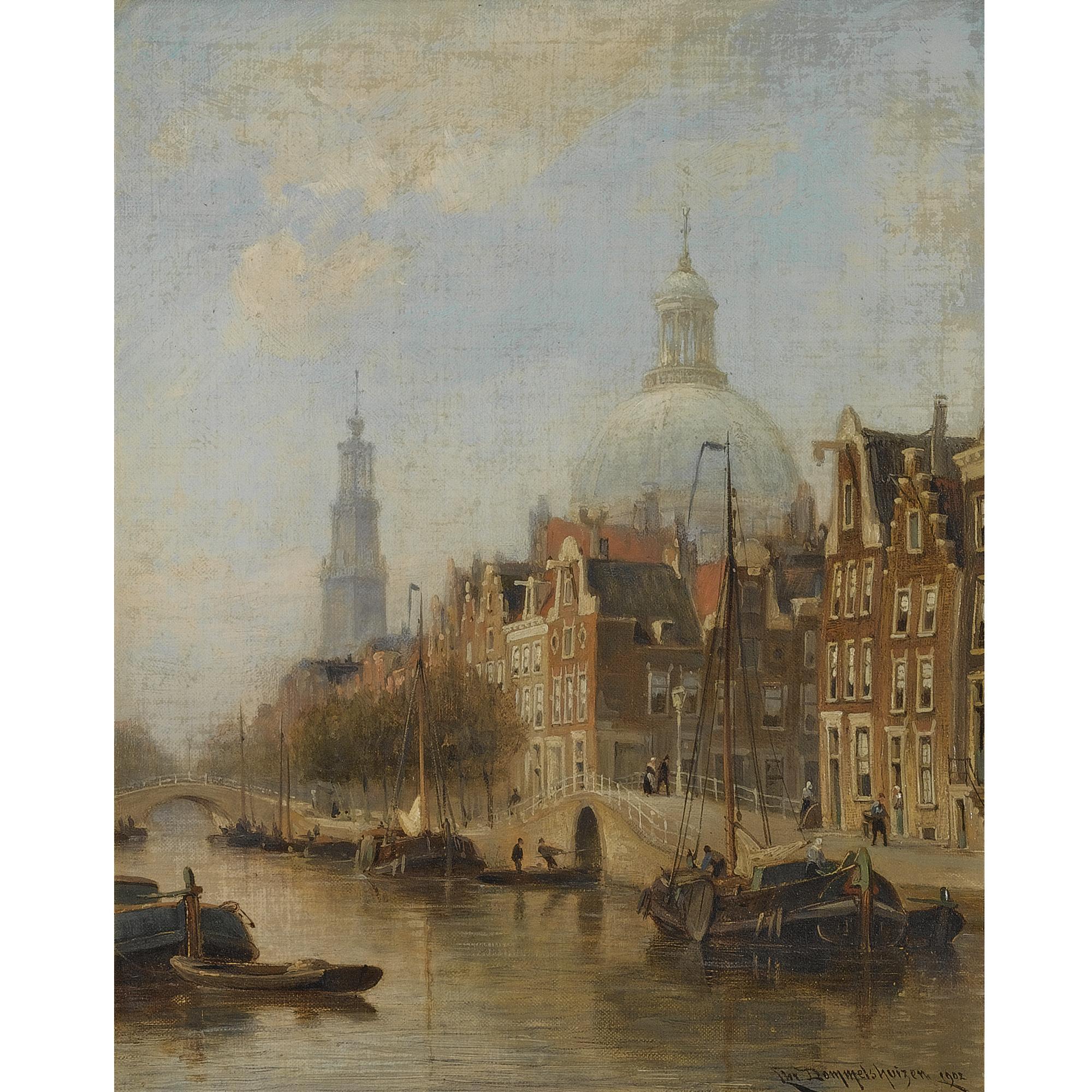 Cornelis Christaan Dommelshuizen - Dutch A View Of An Amsterdam Canal, Possibly The Nieuwezijds Voorburgwal, With The Nieuwe Lutherse Kerk And The Westertoren In The Distance