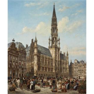 Cornelis Christaan Dommelshuizen - Dutch The Flower Market In The Grande Place, Brussels