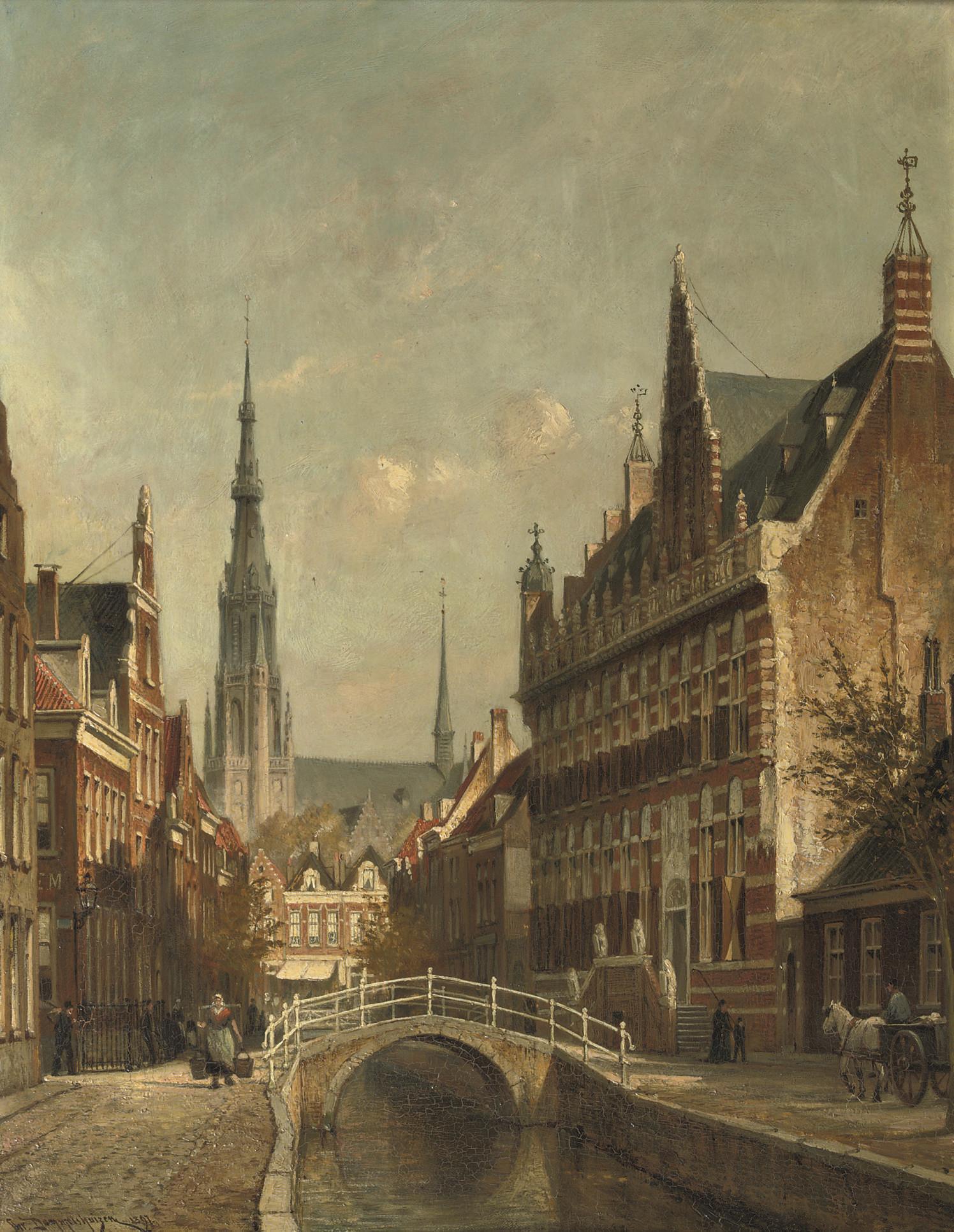 Cornelis Christiaan Dommelshuizen - De kanselarij te Leeuwarden: a sunlit canal