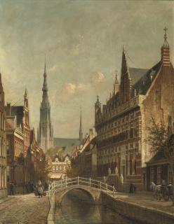 Cornelis Christiaan Dommelshuizen - De kanselarij te Leeuwarden: a sunlit canal
