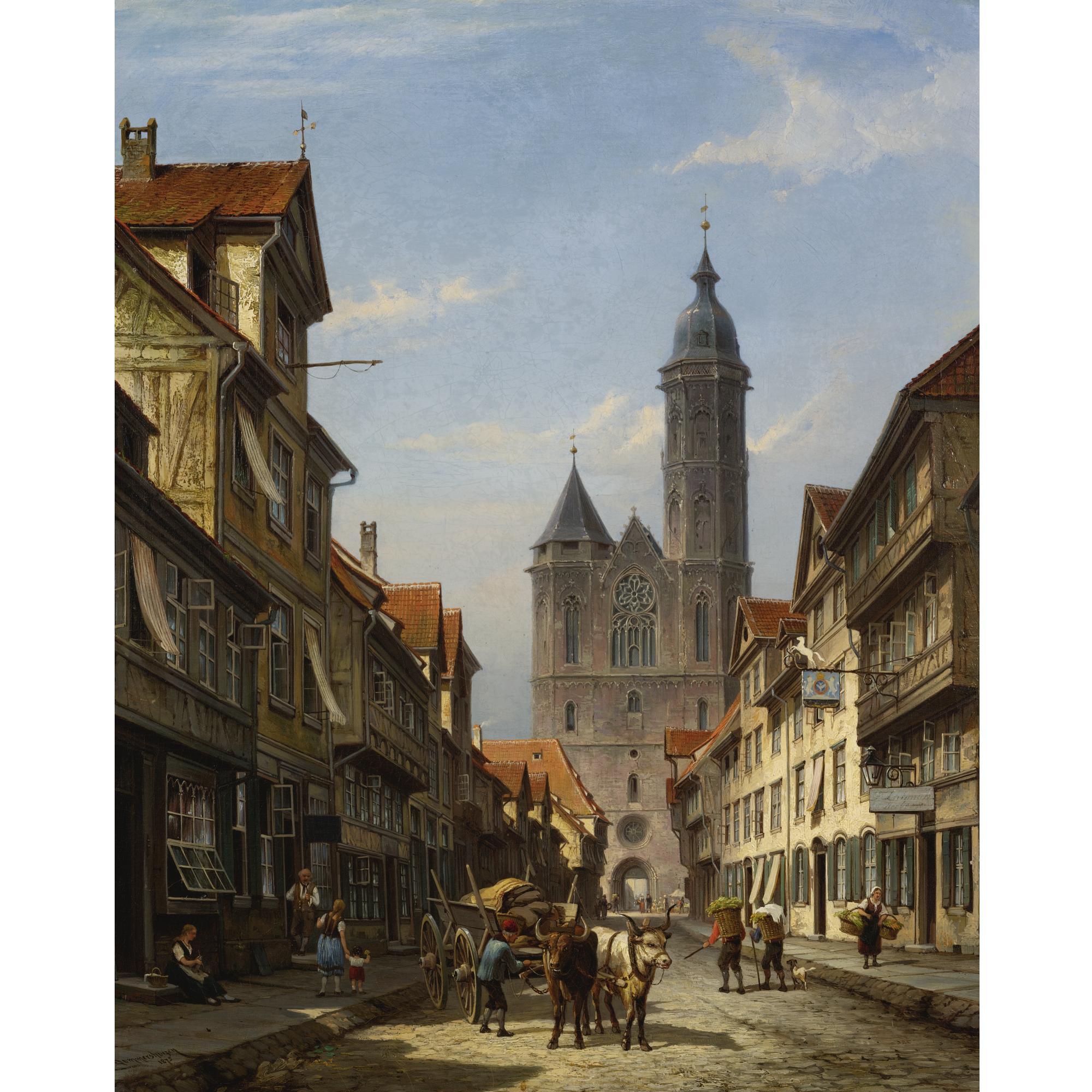 Cornelis Christiaan Dommelshuizen - Dutch Street Scene With Cathedral