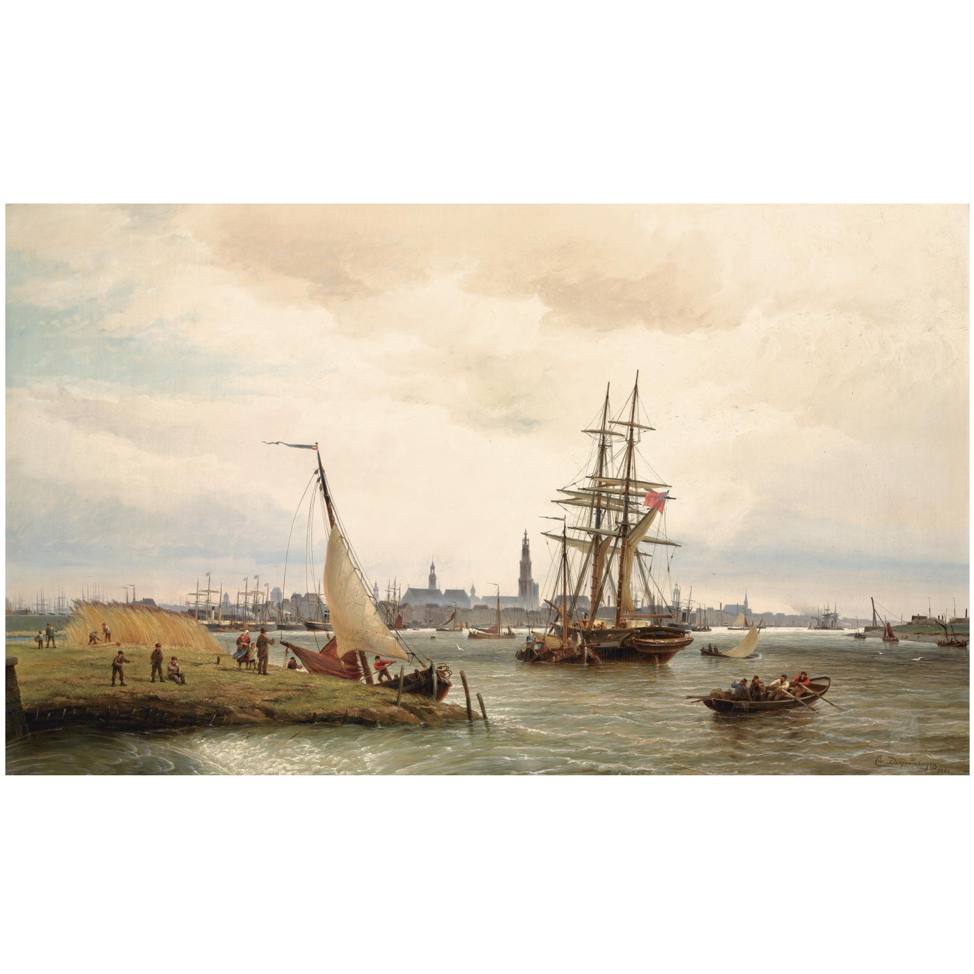 Cornelis Christiaan Dommelshuizen - Dutch The Harbour Of Antwerp With A View From The Left Bank Over The River Scheldt And The Onze Lieve Vrouw Cathedral In The Background
