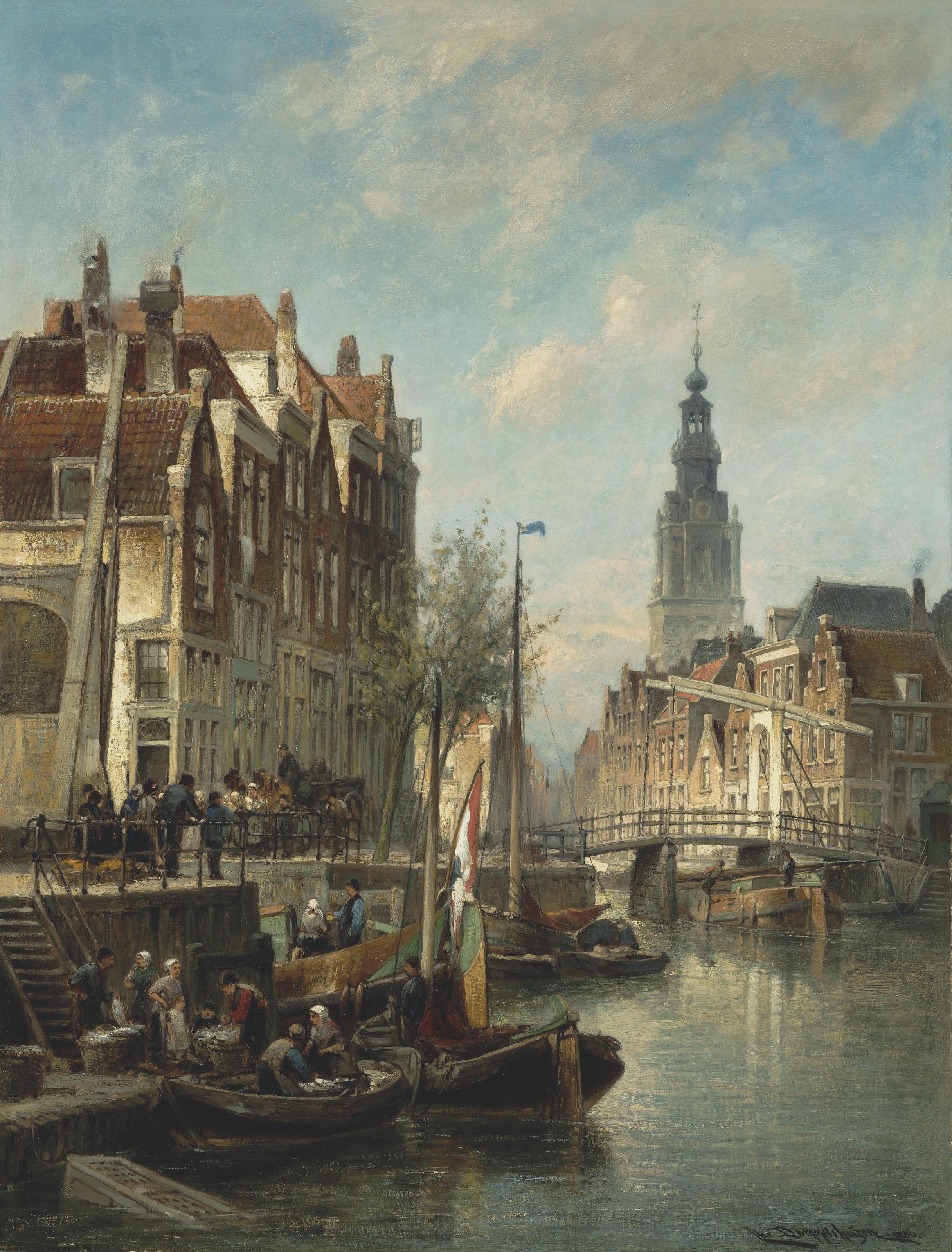 Cornelis Christiaan Dommelshuizen - Figures and ships on an Amsterdam canal with the Zuiderkerk in the background
